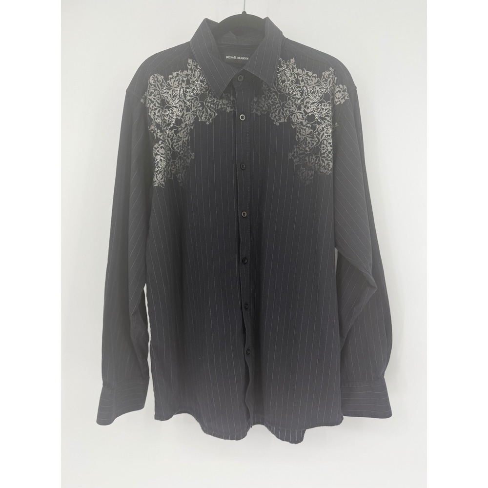 Michael Brandon Mens XL Western Black Pinstripe Graphic Button-Down Cotton Shirt